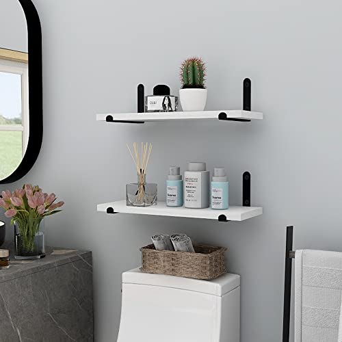 Godimerhea White Floating Shelves for Wall, Modern Wall Mounted Set of 2,Neutral Wooden Storage Decorative Hanging Shelf with Black Metal Brackets for Bathroom Living Room,Kitchen