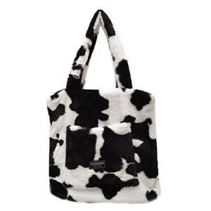 yzhj fleece cow color print school backpack furry soft shoulder bag soft fluffy tote plush handbag (black)