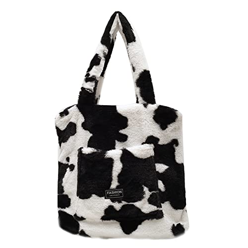 YZHJ Fleece Cow Color Print School Backpack Furry Soft Shoulder Bag Soft Fluffy Tote Plush Handbag (Black)