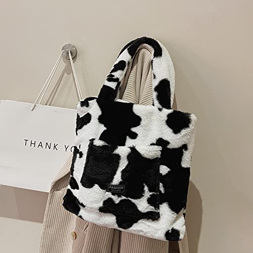 YZHJ Fleece Cow Color Print School Backpack Furry Soft Shoulder Bag Soft Fluffy Tote Plush Handbag (Black)