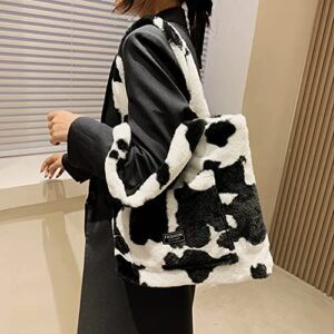 YZHJ Fleece Cow Color Print School Backpack Furry Soft Shoulder Bag Soft Fluffy Tote Plush Handbag (Black)