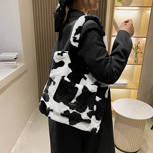 YZHJ Fleece Cow Color Print School Backpack Furry Soft Shoulder Bag Soft Fluffy Tote Plush Handbag (Black)