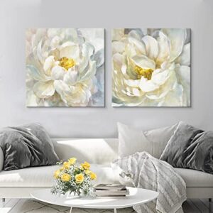 seven wall arts flower canvas wall art peony floral pictures set abstract white and yellow blossom paintings for bedroom bathroom kitchen office living room wall decor 24″x24″x2pcs