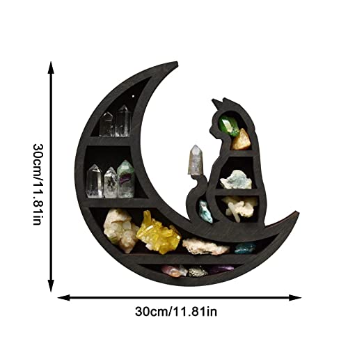 Cat on The Moon Crystal Wood Shelf, Black Cat Crystal Display Durable Shelf Beautiful and Delicate Engraved Moon Design for Essential Oil Small Plant and Art Gothic Witchy Room Ornaments