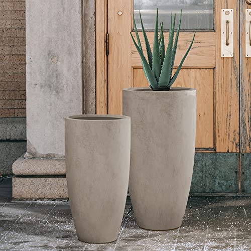 Kante 31.4" and 23.6" H Weathered Concrete Finish Concrete Tall Planters Large Outdoor Indoor Decorative Plant Pots with Drainage Hole and Rubber Plug, Modern Tapered Style for Home and Garden