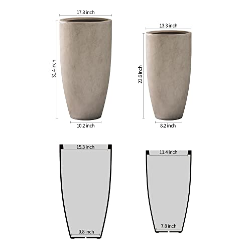 Kante 31.4" and 23.6" H Weathered Concrete Finish Concrete Tall Planters Large Outdoor Indoor Decorative Plant Pots with Drainage Hole and Rubber Plug, Modern Tapered Style for Home and Garden