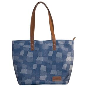 denim tote bag, jean purses for women denim, bojo blue jean tote with multiple shades of denim which make the patterns of this denim bag, jean tote bag for women with inside pockets and lining.