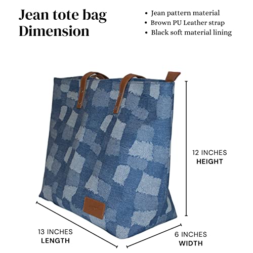 Denim Tote Bag, Jean purses for women denim, Bojo Blue Jean Tote with multiple shades of denim which make the patterns of this denim bag, jean tote bag for women with inside pockets and lining.