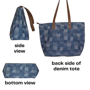 Denim Tote Bag, Jean purses for women denim, Bojo Blue Jean Tote with multiple shades of denim which make the patterns of this denim bag, jean tote bag for women with inside pockets and lining.