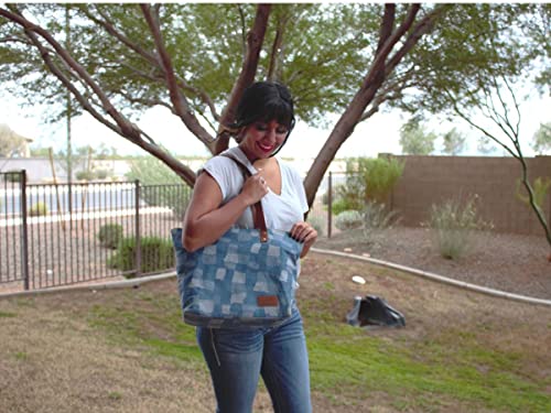 Denim Tote Bag, Jean purses for women denim, Bojo Blue Jean Tote with multiple shades of denim which make the patterns of this denim bag, jean tote bag for women with inside pockets and lining.