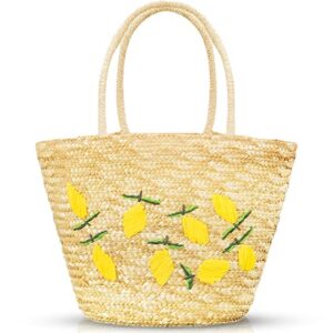 qtkj summer straw bag, beach bag for women, handwoven handbag vintage lemon pattern embroidery, large rattan tote bag suitable for vacation seaside travel
