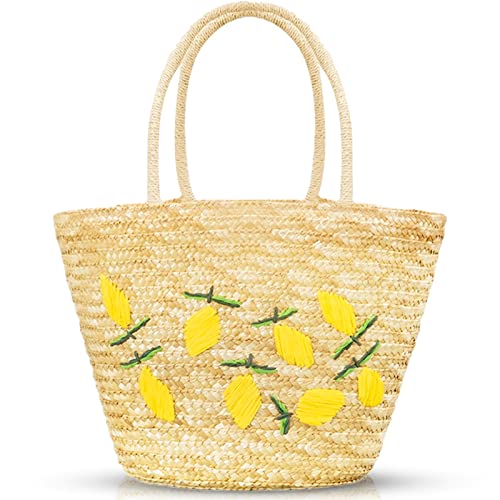 QTKJ Summer Straw Bag, Beach Bag for Women, Handwoven Handbag Vintage Lemon Pattern Embroidery, Large Rattan Tote Bag Suitable for Vacation Seaside Travel