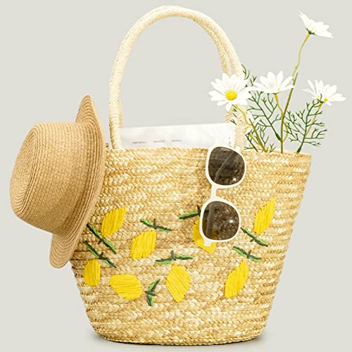 QTKJ Summer Straw Bag, Beach Bag for Women, Handwoven Handbag Vintage Lemon Pattern Embroidery, Large Rattan Tote Bag Suitable for Vacation Seaside Travel