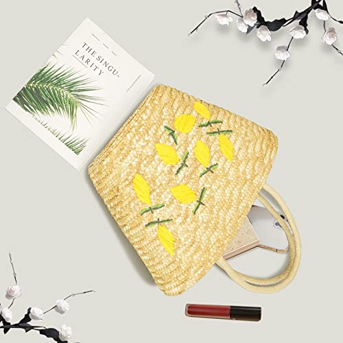 QTKJ Summer Straw Bag, Beach Bag for Women, Handwoven Handbag Vintage Lemon Pattern Embroidery, Large Rattan Tote Bag Suitable for Vacation Seaside Travel