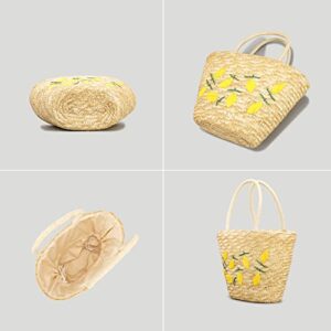 QTKJ Summer Straw Bag, Beach Bag for Women, Handwoven Handbag Vintage Lemon Pattern Embroidery, Large Rattan Tote Bag Suitable for Vacation Seaside Travel