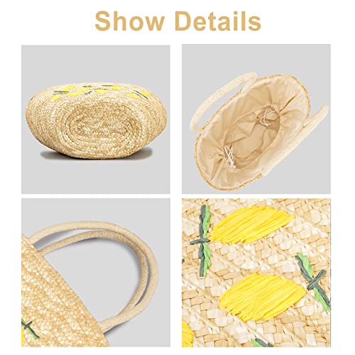 QTKJ Summer Straw Bag, Beach Bag for Women, Handwoven Handbag Vintage Lemon Pattern Embroidery, Large Rattan Tote Bag Suitable for Vacation Seaside Travel