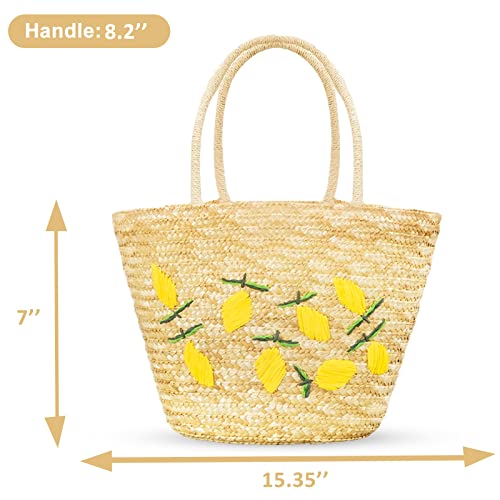 QTKJ Summer Straw Bag, Beach Bag for Women, Handwoven Handbag Vintage Lemon Pattern Embroidery, Large Rattan Tote Bag Suitable for Vacation Seaside Travel