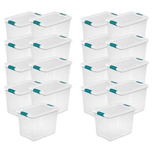 sterilite multipurpose 25 quart capacity clear plastic storage tote home and office organization bins with latching lids and handles, (18 pack)