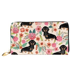 HOMETER Leather Wallet For Women Dachshund Floral Coin Purse Travel Credit Card Holder Zipper Purse Cell Phone Handbag