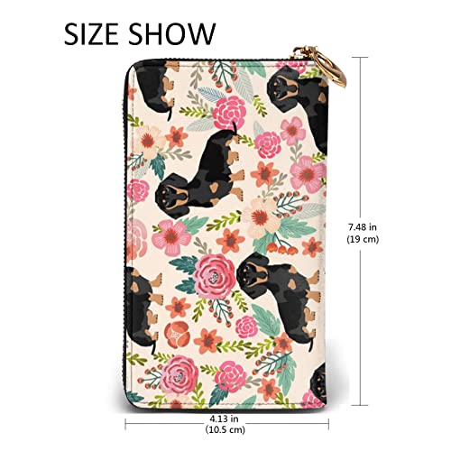 HOMETER Leather Wallet For Women Dachshund Floral Coin Purse Travel Credit Card Holder Zipper Purse Cell Phone Handbag