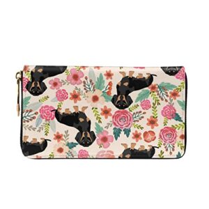 HOMETER Leather Wallet For Women Dachshund Floral Coin Purse Travel Credit Card Holder Zipper Purse Cell Phone Handbag