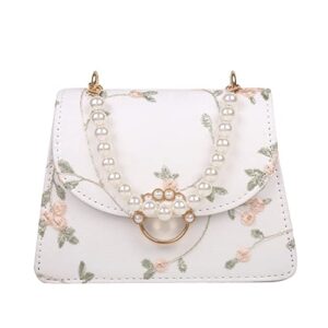 fajia small embroidered satchel crossbody bag pu leather handbag with faux pearl top handle for women, white