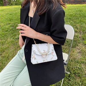 FAJIA Small Embroidered Satchel Crossbody Bag PU Leather Handbag with Faux Pearl Top Handle for Women, White