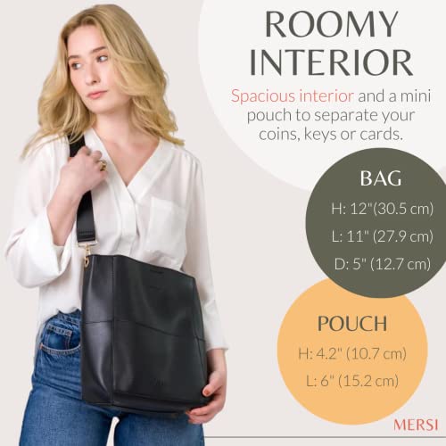 MERSI Demi Bucket Purse - Faux Leather Bucket Bag With Detachable Mini Pouch & 2 Adjustable Shoulder Straps - Vegan Leather Luxury Handbags For Women - (12”H x 11”L x 5”D, Black)