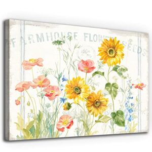 Flower Canvas Wall Art Farmhouse Flower Reeds Canvas Pictures Rustic Yellow Pink Blue Floral Blossom Canvas Painting Vintage Botanical Artwork for Living Room Bedroom Home Office Wall Decor 16" X 12"