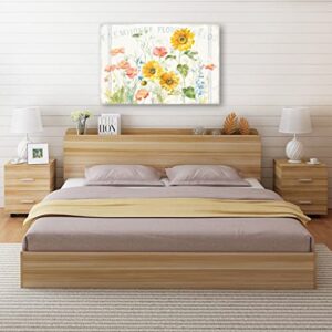 Flower Canvas Wall Art Farmhouse Flower Reeds Canvas Pictures Rustic Yellow Pink Blue Floral Blossom Canvas Painting Vintage Botanical Artwork for Living Room Bedroom Home Office Wall Decor 16" X 12"