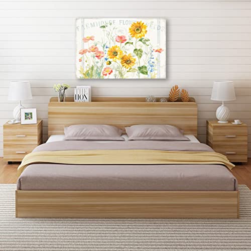 Flower Canvas Wall Art Farmhouse Flower Reeds Canvas Pictures Rustic Yellow Pink Blue Floral Blossom Canvas Painting Vintage Botanical Artwork for Living Room Bedroom Home Office Wall Decor 16" X 12"