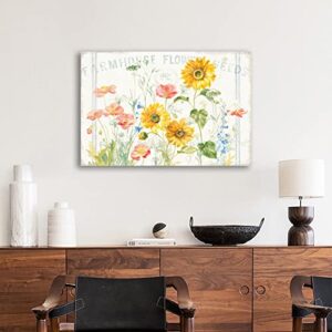 Flower Canvas Wall Art Farmhouse Flower Reeds Canvas Pictures Rustic Yellow Pink Blue Floral Blossom Canvas Painting Vintage Botanical Artwork for Living Room Bedroom Home Office Wall Decor 16" X 12"