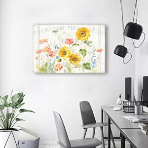 Flower Canvas Wall Art Farmhouse Flower Reeds Canvas Pictures Rustic Yellow Pink Blue Floral Blossom Canvas Painting Vintage Botanical Artwork for Living Room Bedroom Home Office Wall Decor 16" X 12"