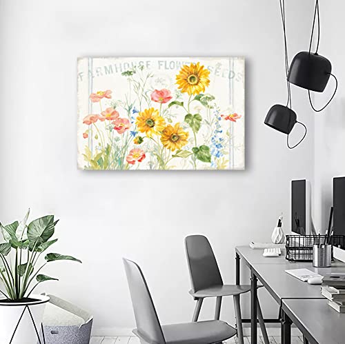 Flower Canvas Wall Art Farmhouse Flower Reeds Canvas Pictures Rustic Yellow Pink Blue Floral Blossom Canvas Painting Vintage Botanical Artwork for Living Room Bedroom Home Office Wall Decor 16" X 12"