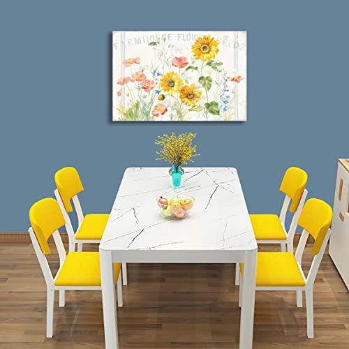 Flower Canvas Wall Art Farmhouse Flower Reeds Canvas Pictures Rustic Yellow Pink Blue Floral Blossom Canvas Painting Vintage Botanical Artwork for Living Room Bedroom Home Office Wall Decor 16" X 12"