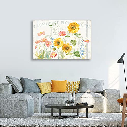 Flower Canvas Wall Art Farmhouse Flower Reeds Canvas Pictures Rustic Yellow Pink Blue Floral Blossom Canvas Painting Vintage Botanical Artwork for Living Room Bedroom Home Office Wall Decor 16" X 12"