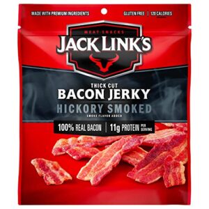 jack link’s bacon jerky, hickory smoked, 2.5 oz. bag – flavorful ready to eat meat snack with 11g of protein, made with 100% thick cut, real bacon – trans fat free (packaging may vary)