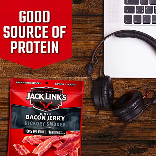 Jack Link's Bacon Jerky, Hickory Smoked, 2.5 oz. Bag - Flavorful Ready to Eat Meat Snack with 11g of Protein, Made with 100% Thick Cut, Real Bacon - Trans Fat Free (Packaging May Vary)