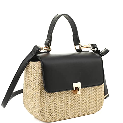 Womens Top-Handle Straw Rattan Structured Small Medium Flap Satchel Purse Crossbody Bag (Minimal Top-Handle - zBlack)