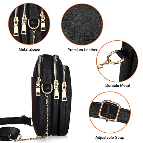 Multi Pocket Black Leather Crossbody Bag for Women Handbag Cute Little Purse Small Ladies Shoulder Strap Cross Body Bag Best Designer Crossbody Purse Girls Casual Chain Cell Phone Bags