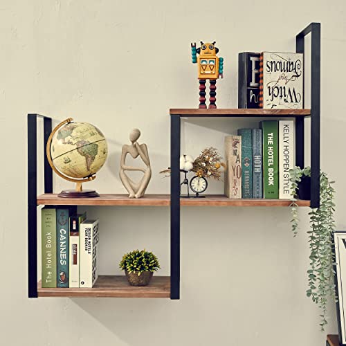 Industrial Shelves,3 Tier Brown Solid Wood Wall Mounted Tall Bookshelf,Open Shelf with Stable Black Metal Frame,Rustic Floating Storage Rack Suitable for Bedroom,Study,bar.ZHOYUEXIN