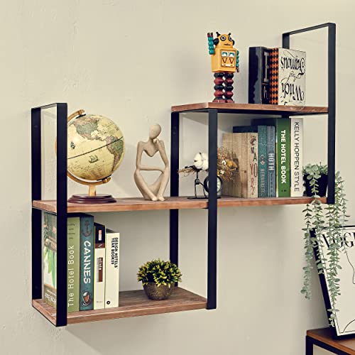 Industrial Shelves,3 Tier Brown Solid Wood Wall Mounted Tall Bookshelf,Open Shelf with Stable Black Metal Frame,Rustic Floating Storage Rack Suitable for Bedroom,Study,bar.ZHOYUEXIN