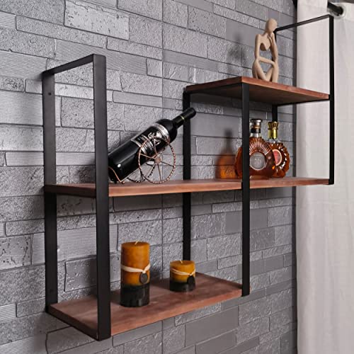 Industrial Shelves,3 Tier Brown Solid Wood Wall Mounted Tall Bookshelf,Open Shelf with Stable Black Metal Frame,Rustic Floating Storage Rack Suitable for Bedroom,Study,bar.ZHOYUEXIN