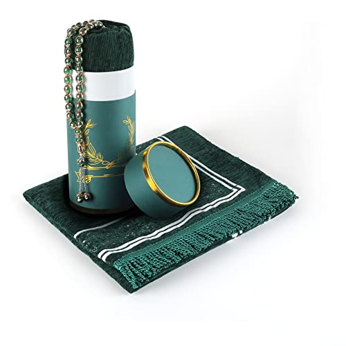 5656 Muslim Prayer Rug in Nice Gift Box Chenille Jacquard Prayer Mat Muslim for Men and Women Perfect Ramadan Gifts Special Fashion Design Portable Prayer Mat with Beads 33 Hajji Gift Sets (Green)