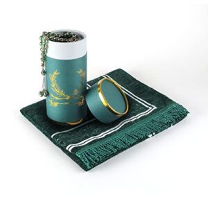 5656 Muslim Prayer Rug in Nice Gift Box Chenille Jacquard Prayer Mat Muslim for Men and Women Perfect Ramadan Gifts Special Fashion Design Portable Prayer Mat with Beads 33 Hajji Gift Sets (Green)