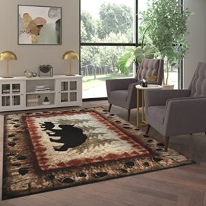 emma + oliver ursa 6’x9′ rustic cabin or lodge theme rug with bear and cub design with trees in background and bear track patterned edges
