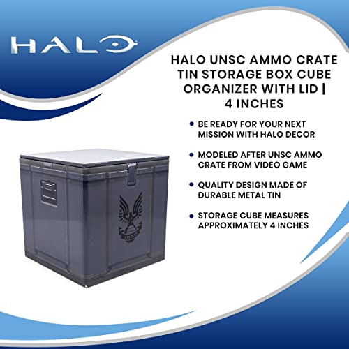 Halo UNSC Ammo Crate 4-Inch Tin Storage Box Cube Organizer with Lid | Basket Container, Cubby Cube Closet Organizer, Home Decor Playroom Accessories | Video Game Toys, Gifts And Collectibles