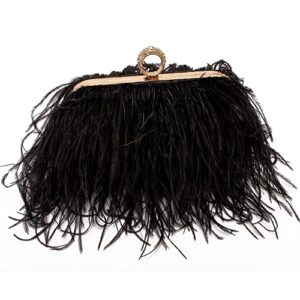 women real natural ostrich feather evening bags purses clutch vintage banquet handbag (black)