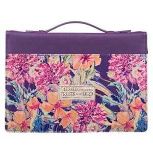 Christian Art Gifts Women's Fashion Bible Cover Blessed is The One Jeremiah 17:7, Purple Floral Faux Leather, Large