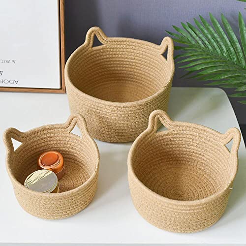 3-Piece Storage Basket Set, round woven basket，Natural Cotton Rope Woven Baskets with Handle for Organizing, Storage Basket, Decorative Woven Basket, Shelf Storagebag, Khaki